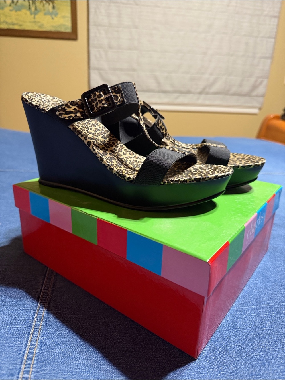 Charles David Black Wedge Sandals with Leopard Insole